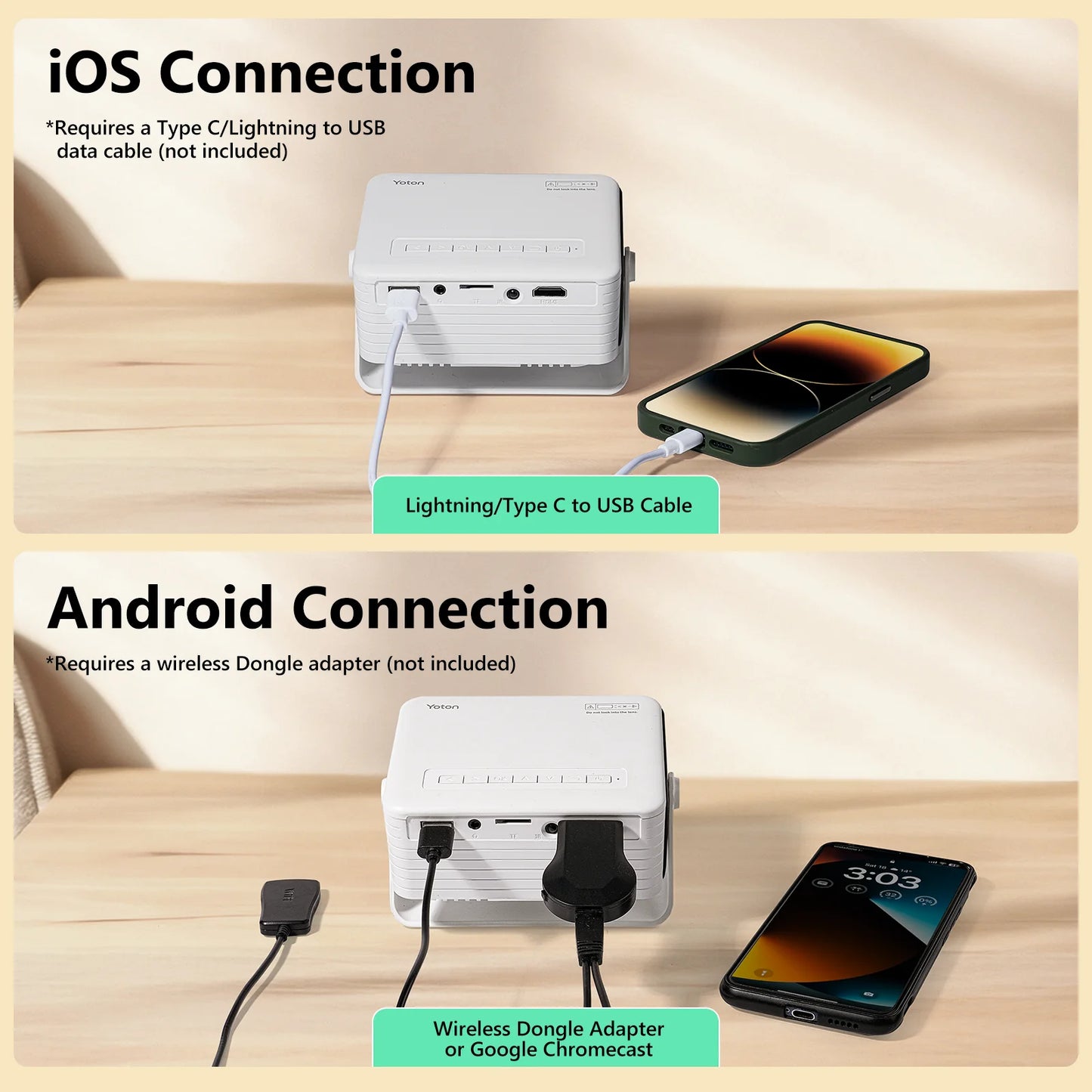 YT Mini Proyector 1080P Compatible, 4000 Lúmenes LED 3.0 Para Teatro Para Exteriores, Vida De Lámpara De 60000 Horas, Negro