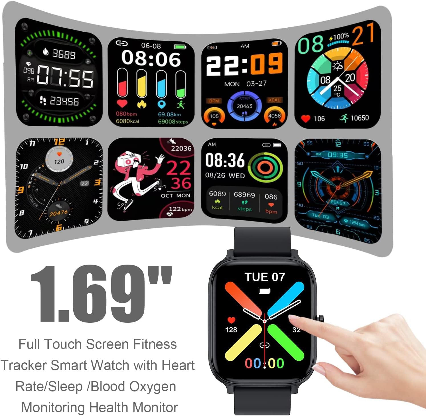 Smart Watch for Men Women Compatible with Iphone Samsung Android Phone 1.69 Inch Full Touch Screen IP68 Waterproof Bluetooh Fitness Tracker Heart Rate/Sleep Monitor (Black)