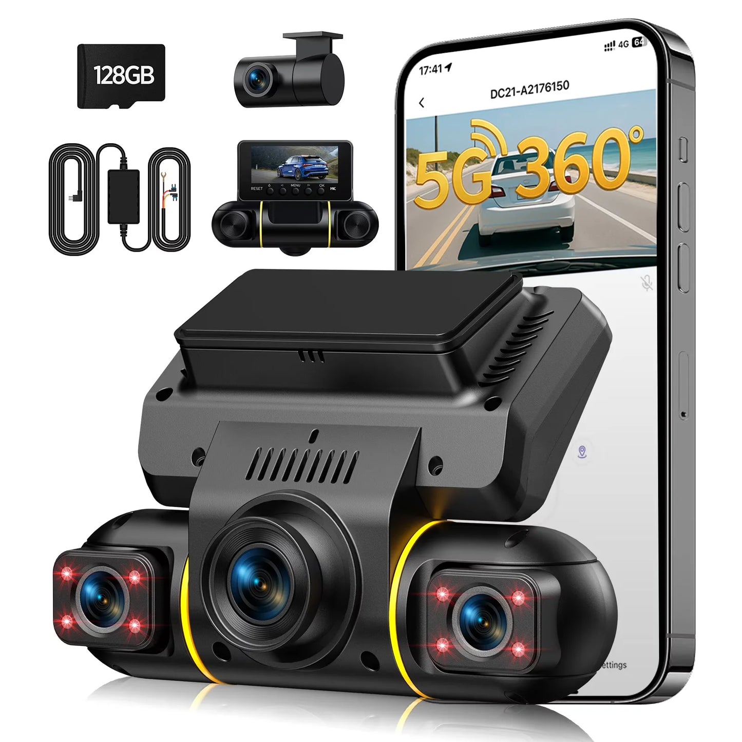 4 Channel Dash Cam Front and Rear inside with 24H Parking Monitor, 360 Degree View 5G Wifi Dash Camera, IR Night Vision Dashcam, G-Sensor, Free 128GB Card & Hardwire Kit
