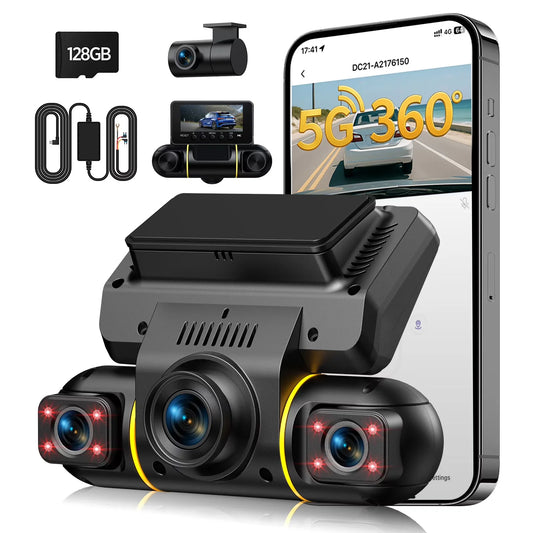 4 Channel Dash Cam Front and Rear inside with 24H Parking Monitor, 360 Degree View 5G Wifi Dash Camera, IR Night Vision Dashcam, G-Sensor, Free 128GB Card & Hardwire Kit