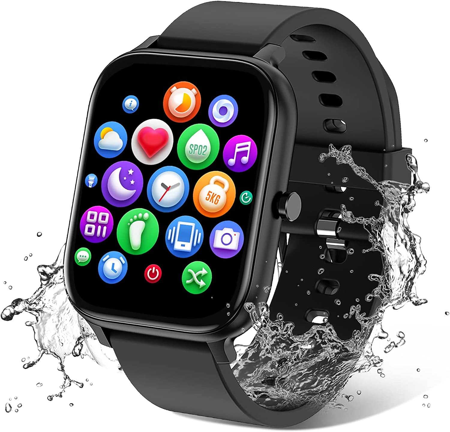Smart Watch for Men Women Compatible with Iphone Samsung Android Phone 1.69 Inch Full Touch Screen IP68 Waterproof Bluetooh Fitness Tracker Heart Rate/Sleep Monitor (Black)